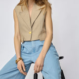 LeilaCC Linen Crop Vest - Bisquit