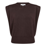 A dark brown sleeveless crewneck sweater with wide shoulder panels and a ribbed hem, shown against a plain white background.
