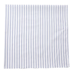 A square piece of fabric with a vertical pinstripe pattern in navy blue on a white background, laid flat against a clean white backdrop.